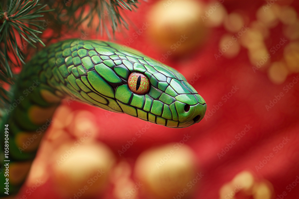 Green snake decorated with festive ornaments during holiday season Green snake decorated with festive ornaments during holiday season