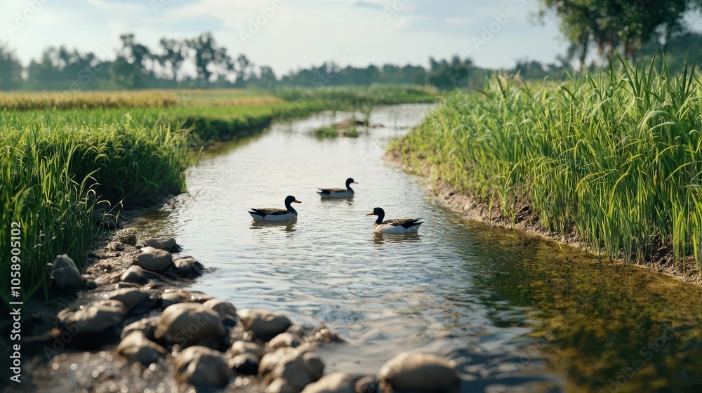Wild ducks paddling through rice paddies at dusk, wildlife in rice fields, peaceful countryside Wild ducks paddling through rice paddies at dusk, wildlife in rice fields, peaceful countryside