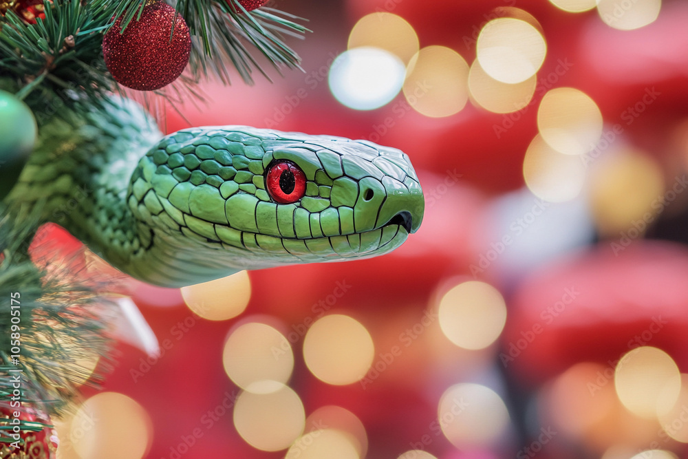 Decorative snake ornament on a holiday tree in bright setting Decorative snake ornament on a holiday tree in bright setting