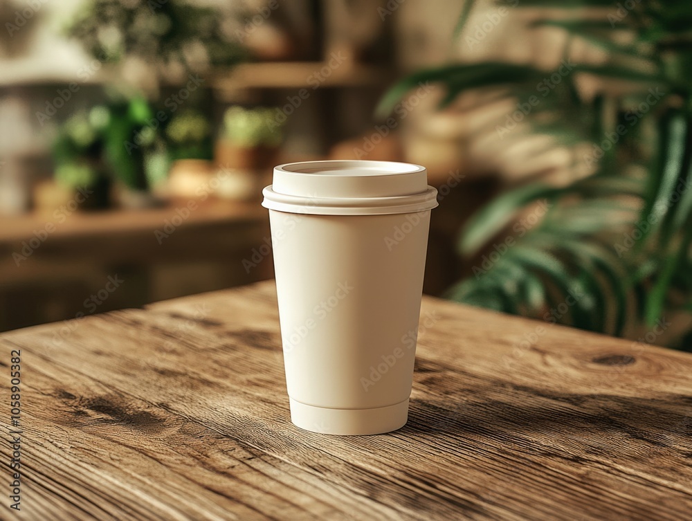 Brown paper coffee cup on wooden table in cozy cafe environment. Brown paper coffee cup on wooden table in cozy cafe environment.