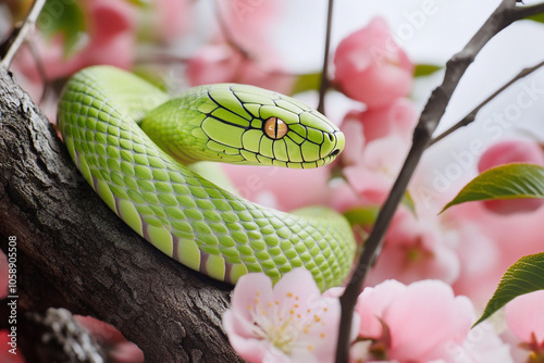 Bright green snake resting among pink blooming flowers photo