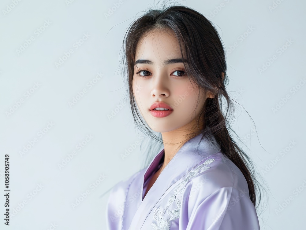 Captivating Portrait of a Young Beautiful Thai Woman in a Delicate Lavender Kimono Pose Captivating Portrait of a Young Beautiful Thai Woman in a Delicate Lavender Kimono Pose