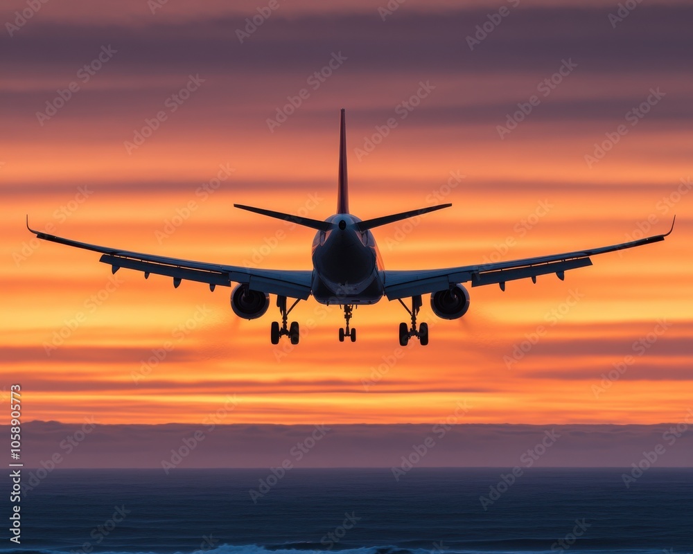 Jet Plane Taking Off at Sunset Over Coastal Runway Jet Plane Taking Off at Sunset Over Coastal Runway