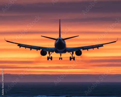 Jet Plane Taking Off at Sunset Over Coastal Runway