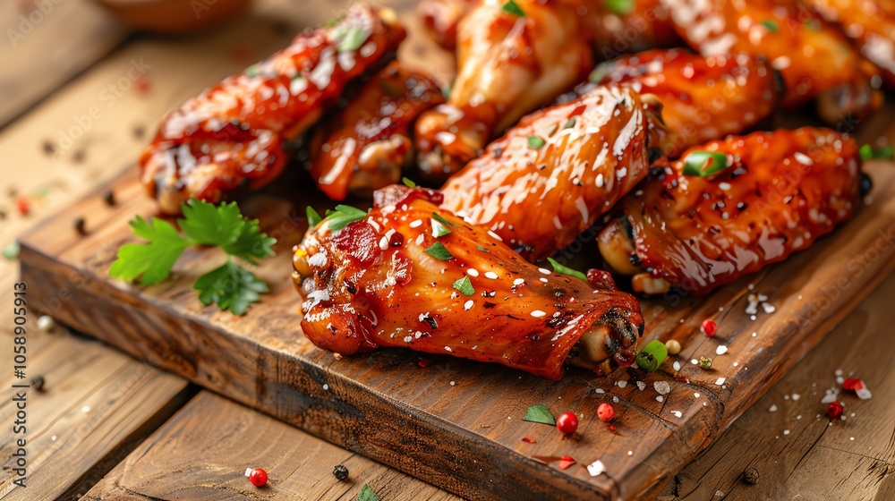 Closeup of a plate of delicious, glazed chicken wings with parsley garnish and peppercorns on a rustic wooden background. Closeup of a plate of delicious, glazed chicken wings with parsley garnish and peppercorns on a rustic wooden background.