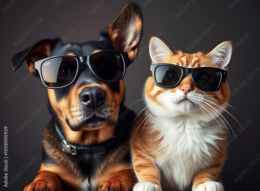 Cool companions: a funny moment with a dog and a cat in sunglasses. Cool companions: a funny moment with a dog and a cat in sunglasses.