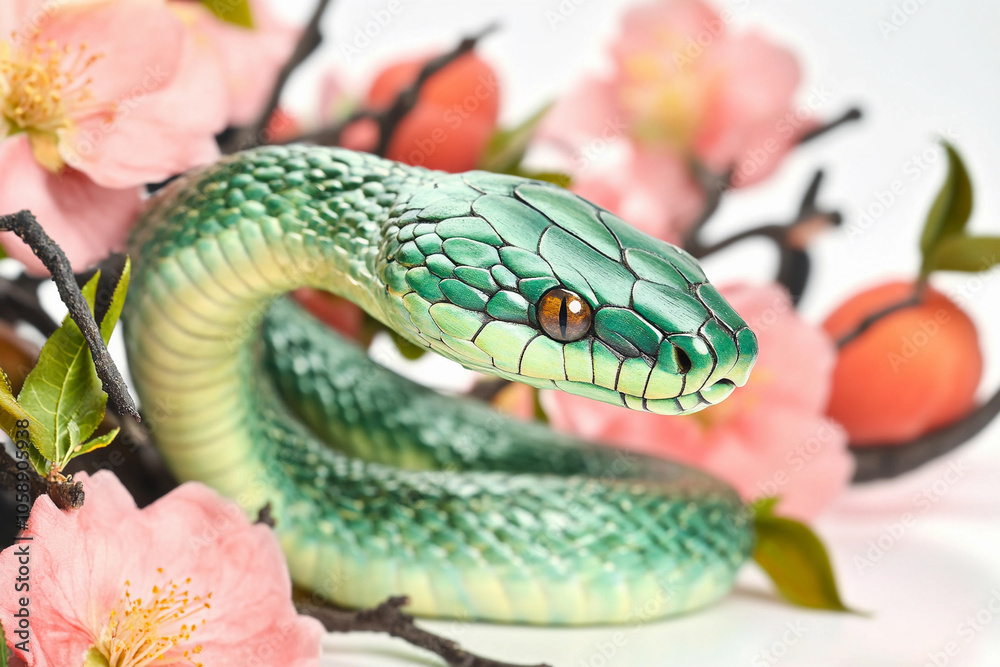 Green snake among delicate pink flowers in spring setting Green snake among delicate pink flowers in spring setting