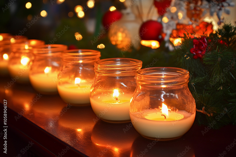 Warm candles glowing softly on a festive table during winter Warm candles glowing softly on a festive table during winter