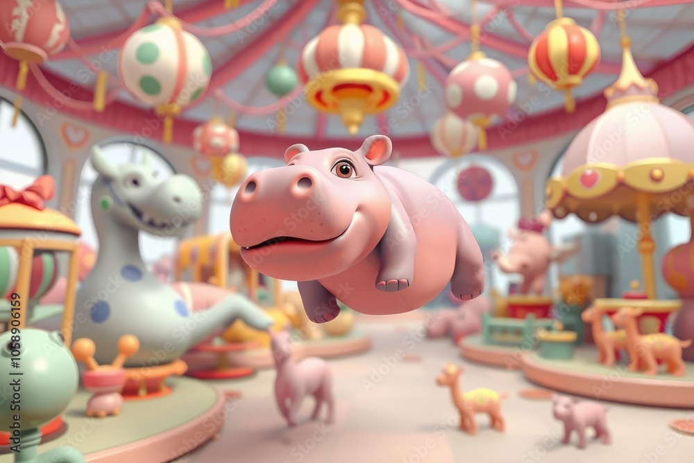 Cute Hippo in a Playful Carousel Cute Hippo in a Playful Carousel