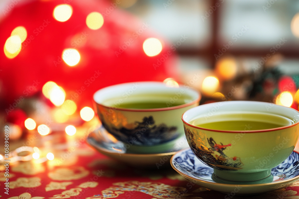 Fototapeta premium Green tea served in traditional cups with festive lights