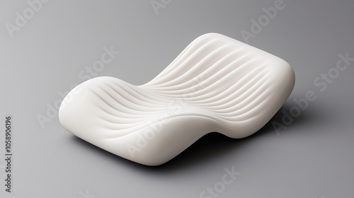 Modern sculptural chair with smooth, curved design and a wavy texture in a minimalist setting.