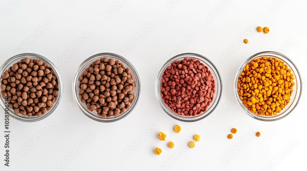 Colorful Varieties of Pet Food in Glass Bowls Colorful Varieties of Pet Food in Glass Bowls
