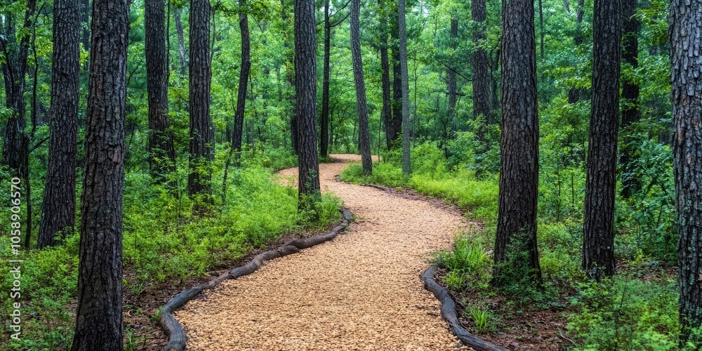 A rugged trail winds its way among a line of trees, creating a scenic pathway bordered by natures beauty and offering a unique outdoor experience. A rugged trail winds its way among a line of trees, creating a scenic pathway bordered by natures beauty and offering a unique outdoor experience.