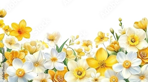 Vibrant spring border or banner created with a delightful arrangement of yellow and white flowers, perfect for seasonal themes and designs. Ample photo style copy space included.