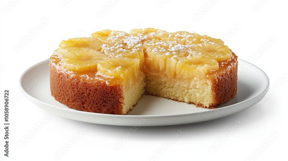 Delicious pineapple upside down cake on white plate with powdered sugar garnish Delicious pineapple upside down cake on white plate with powdered sugar garnish