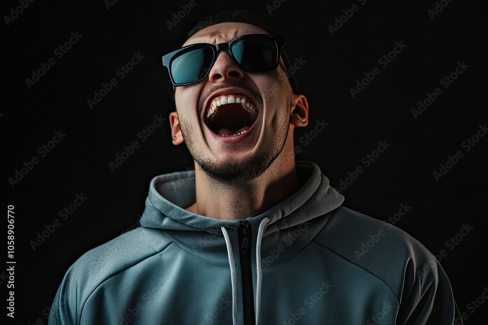 Obraz premium in black sunglasses in a tracksuit on a plain background. strong happy emotions. laughter. different tones dark black background. 
