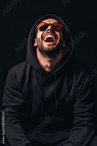  in black sunglasses in a tracksuit on a plain background. strong happy emotions. laughter. different tones dark black background. 