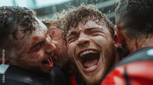 Rain-drenched players, overflowing with emotion, celebrate their coveted victory on the sports field, showcasing unity, joy, and an incredible sense of achievement. photo