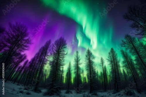 Wallpaper Mural Aurora borealis over a forest vibrant green and purple lights dancing in the sky, AI Generated Torontodigital.ca