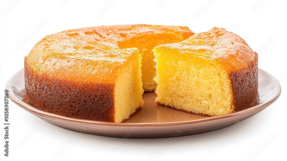 Delicious golden sponge cake on plate with a perfectly cut slice Delicious golden sponge cake on plate with a perfectly cut slice
