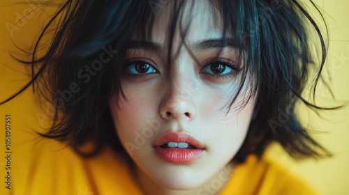 The emotive portrait of a woman with expressive dark hair against a soft yellow background captures the intensity of human emotion and artistic flair.