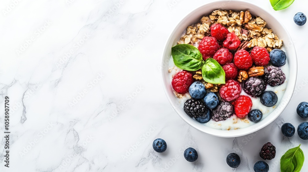 Fresh Berry Bowl with Granola and Basil Leaves Fresh Berry Bowl with Granola and Basil Leaves