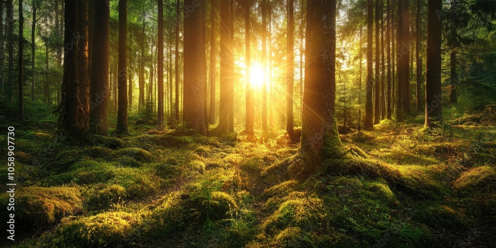 Fototapeta premium A stunning sunrise graces the forests natural landscape in the morning, creating a beautiful and captivating scene that showcases natures splendor.