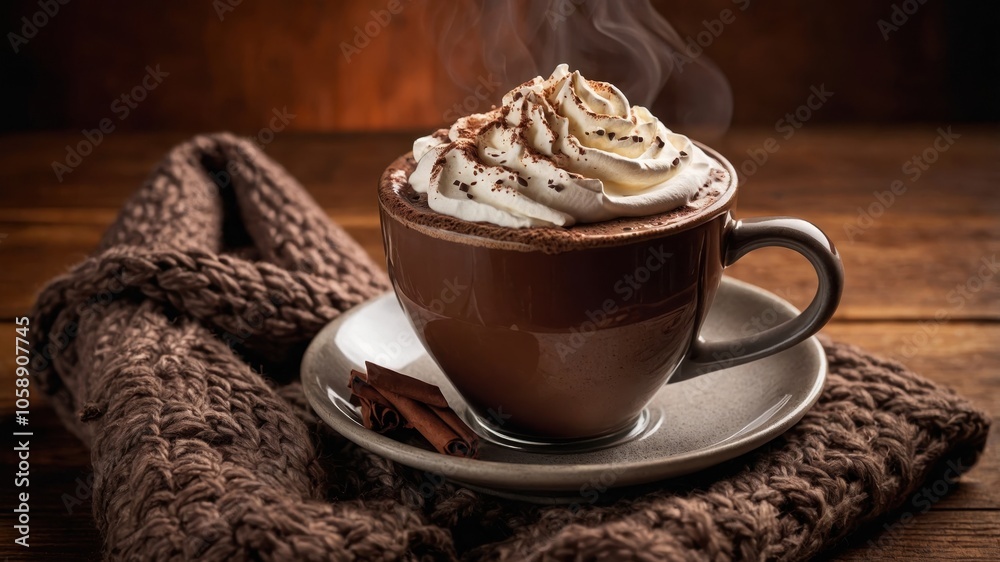 A cozy cup of hot cocoa with a creamy texture, perfect for warming up on a cold day, surrounded by a warm atmosphere A cozy cup of hot cocoa with a creamy texture, perfect for warming up on a cold day, surrounded by a warm atmosphere