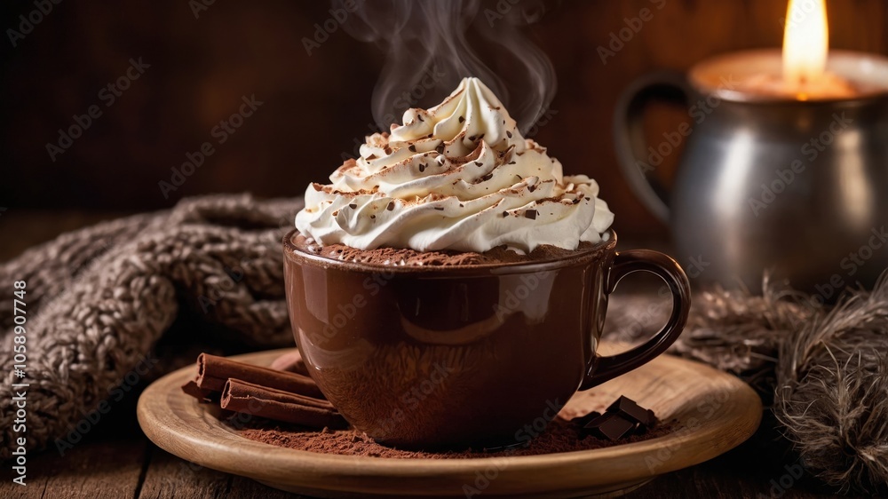 A cozy cup of hot cocoa with a creamy texture, perfect for warming up on a cold day, surrounded by a warm atmosphere A cozy cup of hot cocoa with a creamy texture, perfect for warming up on a cold day, surrounded by a warm atmosphere