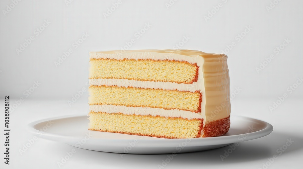 Delicious slice of layered vanilla cake with creamy frosting on a plate Delicious slice of layered vanilla cake with creamy frosting on a plate