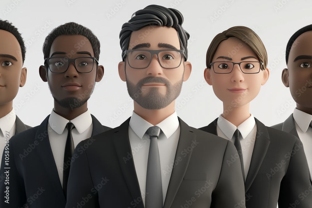 Cartoon avatars of diverse business people in various suits on a white background, concept of HR diversity. 3D Rendering, Generative AI 