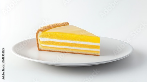 Lemon cake slice on white plate: minimalist dessert presentation with layers photo