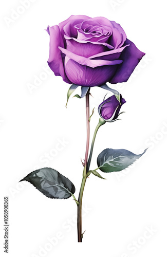 Purple rose with stem and leaves