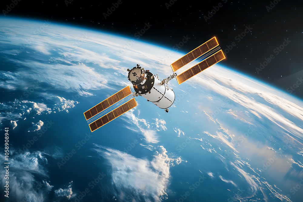 Fototapeta premium Exploring advanced satellite technology a neon data trail of earth from above