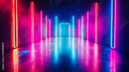 Vibrant neon lights illuminating a modern corridor with reflections on the floor.