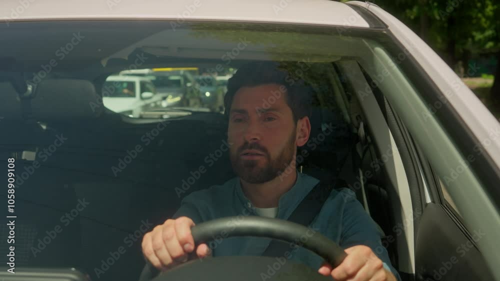 Caucasian man guy businessman driving car in city stuck traffic jam urban road transport problem accident angry aggressive mad furious male driver transport stressful drive automobile shouting scream