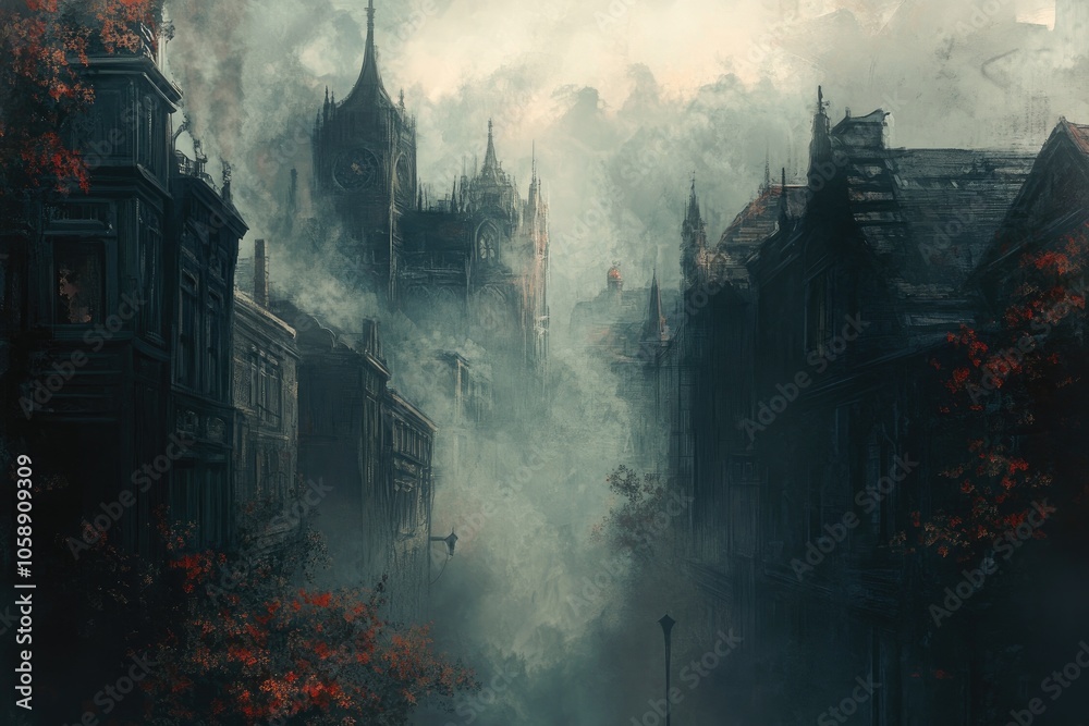 A misty, gothic cityscape with tall buildings and a clock tower A misty, gothic cityscape with tall buildings and a clock tower