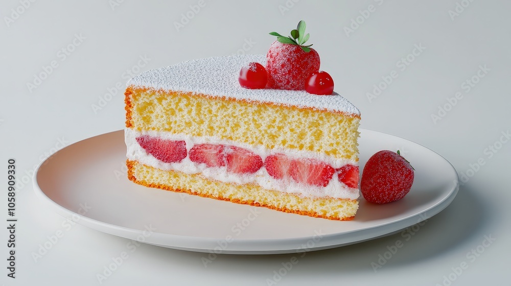 Delicious strawberry shortcake slice with fresh berry garnish on a plate Delicious strawberry shortcake slice with fresh berry garnish on a plate