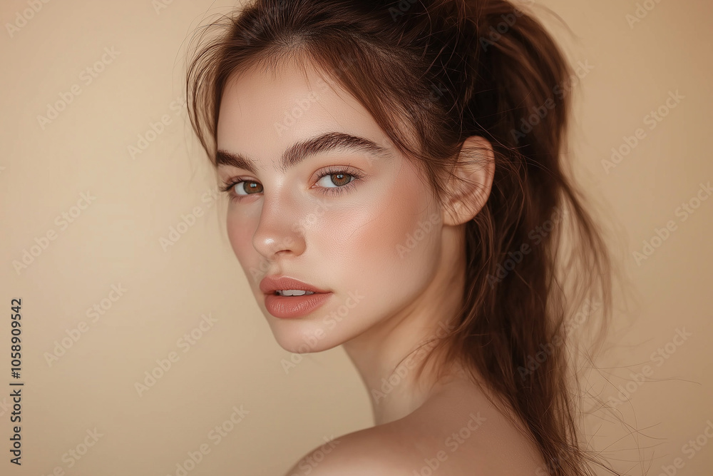 Fototapeta premium A photograph of woman with natural-looking makeup, showcasing her hair in loose waves and bright eyes