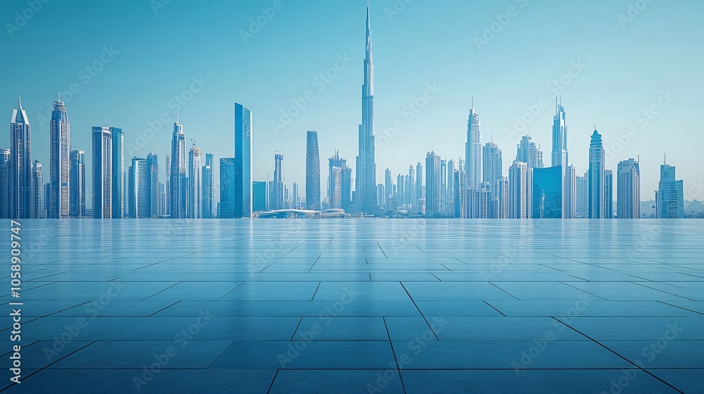 Urban Skyline with Central City View Featuring Pathway and Parking Area for Automotive Advertising Urban Skyline with Central City View Featuring Pathway and Parking Area for Automotive Advertising