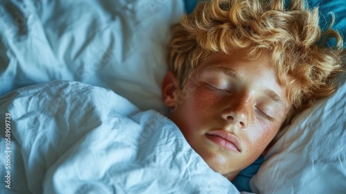 A young freckle-faced child peacefully sleeps, absorbed in dreams, with face partially illuminated by daylight, reflecting innocence and a sense of peacefulness.