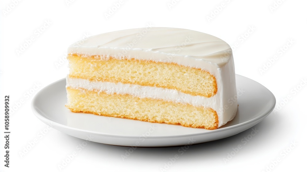 Minimalist slice of classic vanilla cake on white plate