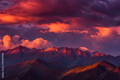 Dramatic sunset over a mountain range with intense oranges reds and purples clouds, AI Generated photo