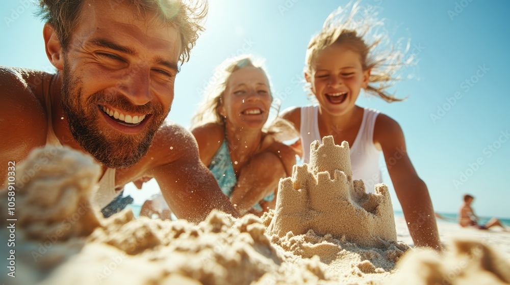 A family joyfully constructs a sandcastle by the shore, capturing the essence of familial bonding and teamwork on a beautiful, sun-drenched summer beach day. A family joyfully constructs a sandcastle by the shore, capturing the essence of familial bonding and teamwork on a beautiful, sun-drenched summer beach day.