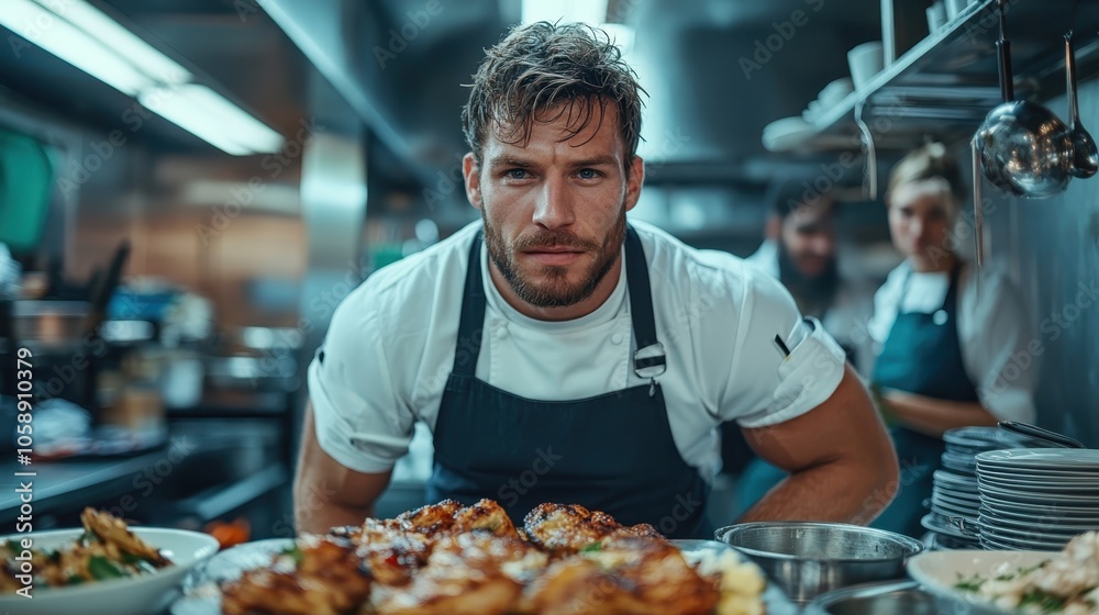 A confident chef stands in a professional kitchen with meticulously prepared dishes, embodying culinary expertise and dedication to the art of cooking. A confident chef stands in a professional kitchen with meticulously prepared dishes, embodying culinary expertise and dedication to the art of cooking.