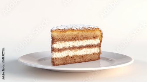 Delicious slice of layered vanilla and chocolate cake on white plate