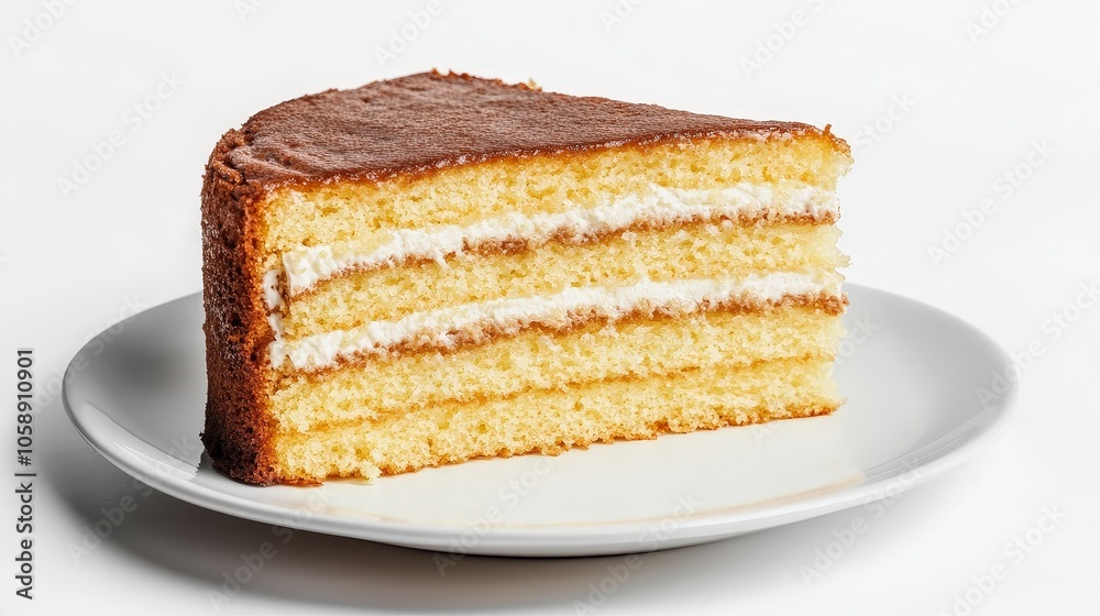Delicious multi-layered vanilla cake slice with cream filling on white plate Delicious multi-layered vanilla cake slice with cream filling on white plate