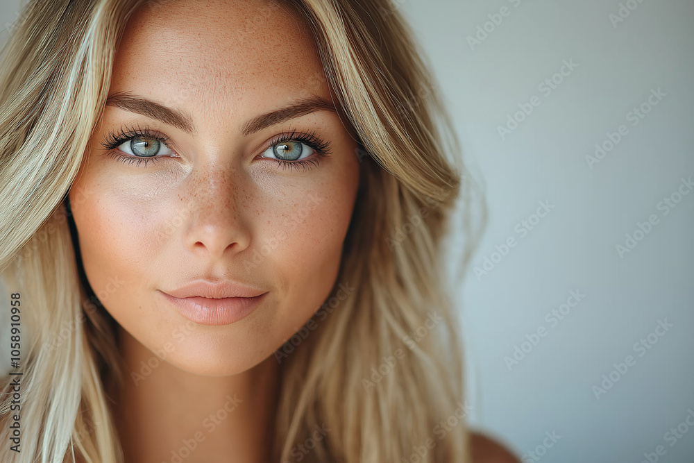 A beautiful woman with smooth skin, showcasing her radiant complexion and well-groomed eyebrows on an isolated beige background A beautiful woman with smooth skin, showcasing her radiant complexion and well-groomed eyebrows on an isolated beige background