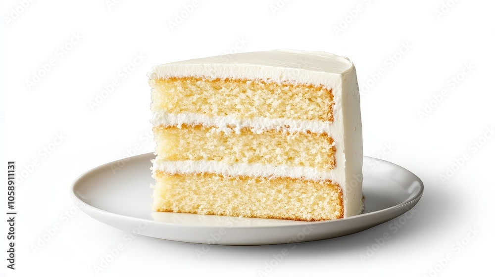 Delicious slice of vanilla layer cake on white plate Delicious slice of vanilla layer cake on white plate
