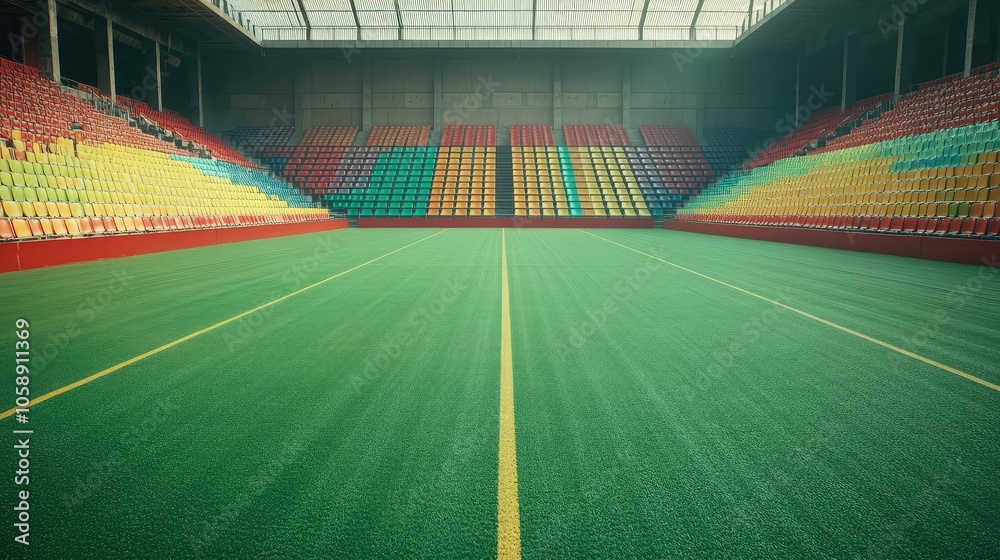 Obraz premium Empty Sports Stadium with Colorful Seating Arrangements